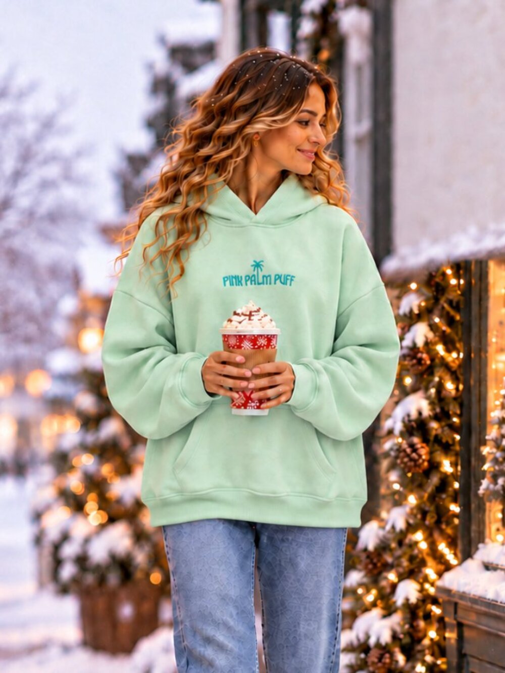 Pink Palm Puff Mint Green Oversized Hoodie Teal Embroidered Logo Fleece Pullover